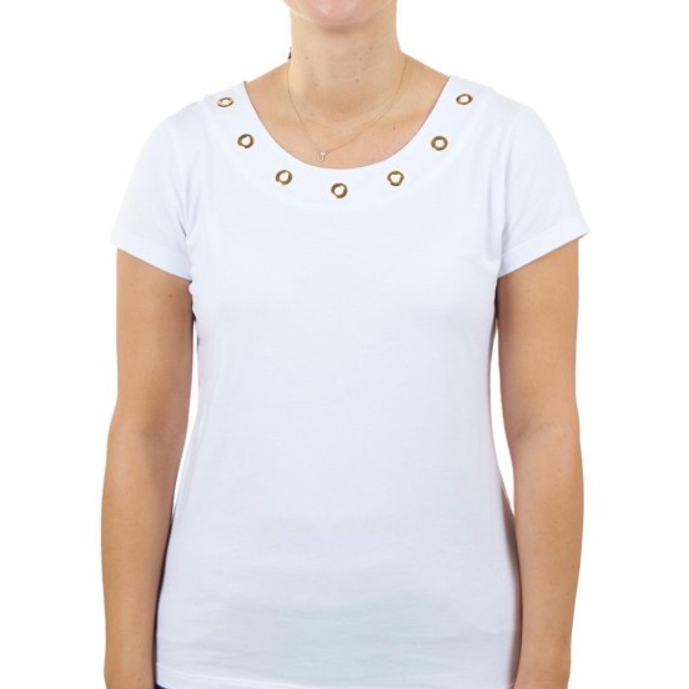 Hearts of Palm Women's Rings Scoop Neck White Top In The Navy ~ Large